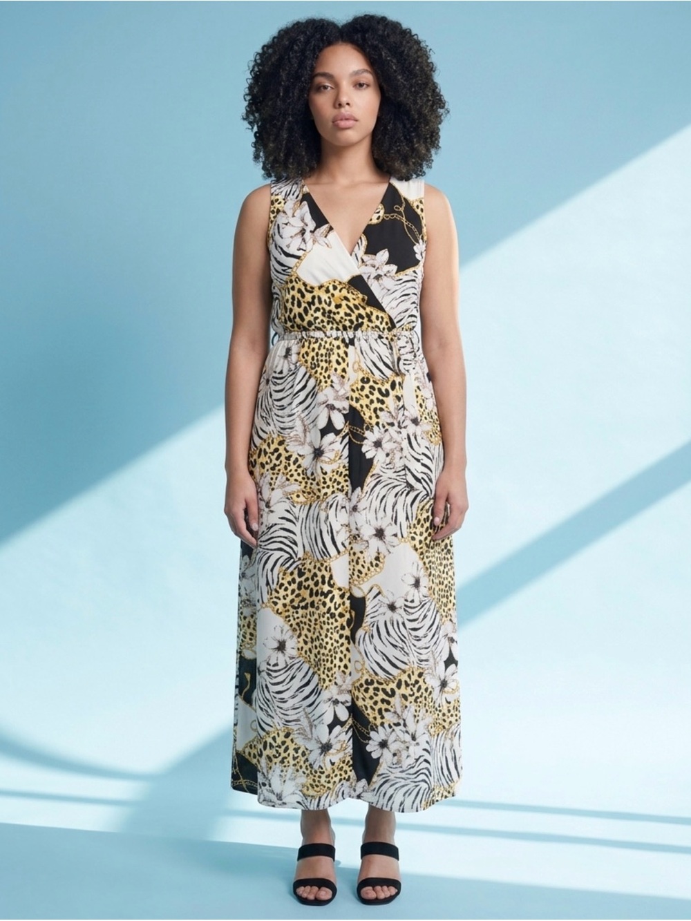 Animal Print Floral Chain Maxi Dress High Slit V-Neck 3XL Boho Resort Vacation